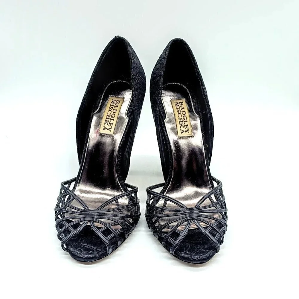 Badgley Mischka Black Webbed Peep Toe Heels 7.5M